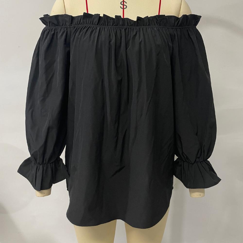 Women's One-line Neck Chiffon Shirt Spring and Autumn Solid Color Pullover Sexy Off-the-shoulder T-shirt