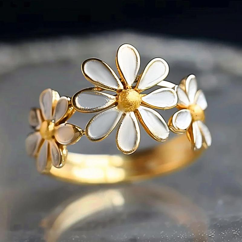 Daisy Flower Ring for Women Aesthetic Party Gold Color Finger Accessories White Enamel Fresh Style Daily Holiday Jewelry