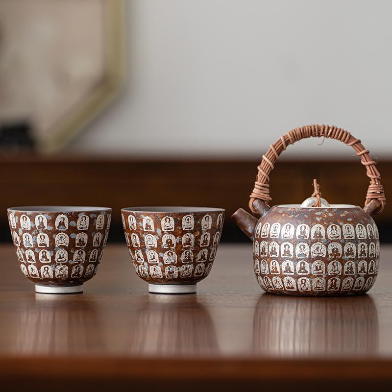 Dunhuang Wanfo Old Rock Mud Gilded Silver Vine Weaving Beam Pot Vintage Kung Fu Tea Set Large Capacity Ceramic Tea