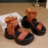 Johnature Genuine Leather Peep Toed Thick Soled Shoes Height Increasing Retro Women's High-heeled Sandals