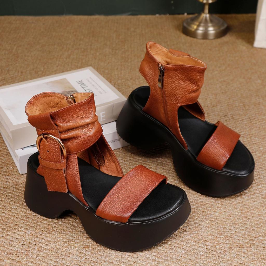 Johnature Genuine Leather Peep Toed Thick Soled Shoes Height Increasing Retro Women's High-heeled Sandals