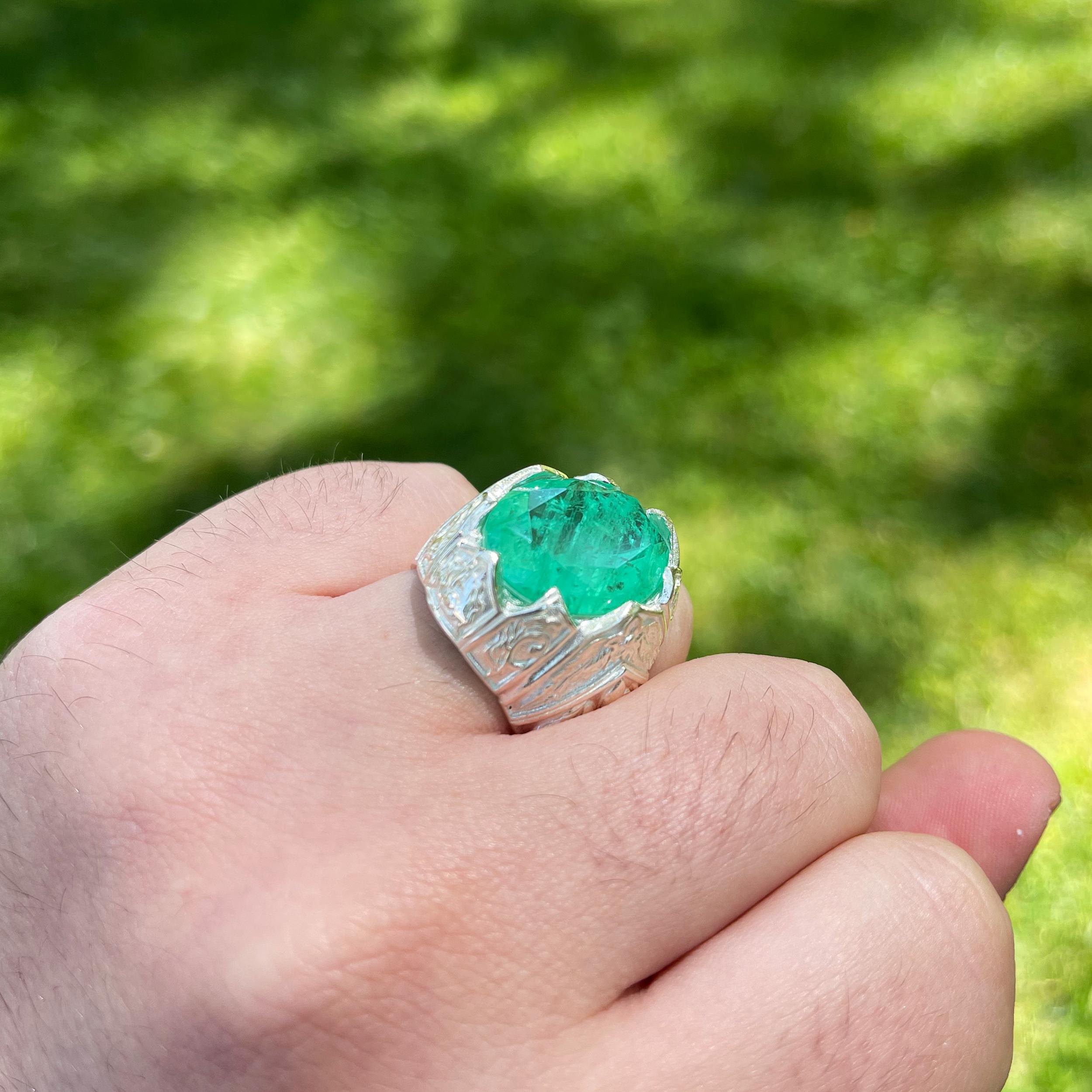 

Ice Green Stone Jewelry - 925K Sterling Silver Men s Ring with Paraiba Stone, Turkish Artisan Jewelry with Intricate Carved Patterns 7 серебряный
