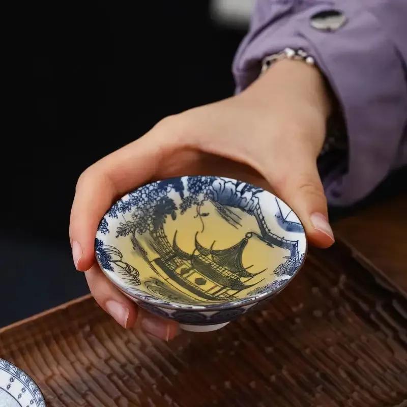 Blau und Weiß Porzellan Teetasse Handgefertigt Drache Phönix Fisch Pavillon Chinesische Kungfu Teetasse Zeremonie Teegeschirr Meistertassen