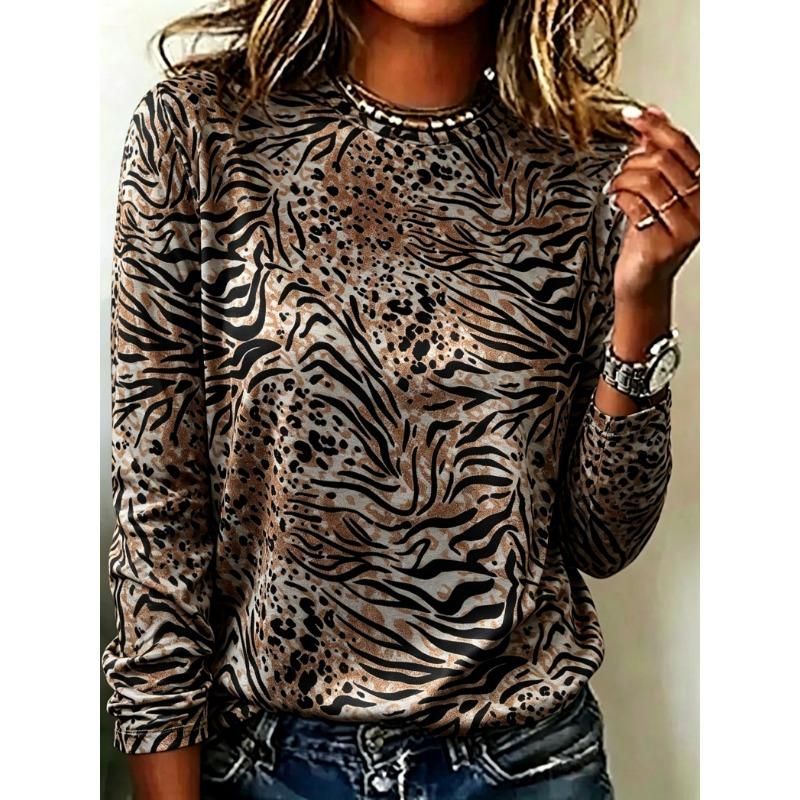 Women's Colorful Leopard Print Long Sleeve T Shirt, Blue Orange Animal Pattern Crew Neck Casual Women Clothing Tops Tees