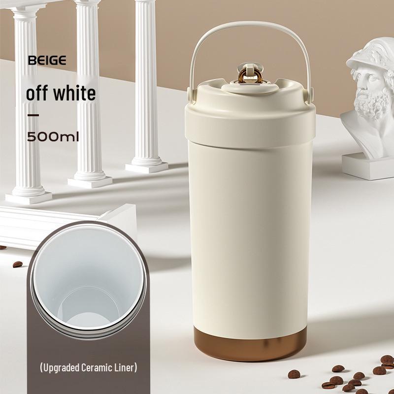 316 Ceramic Liner Thermos Cup for Female Students - Portable Travel Coffee Cup with Double Drink and Straw.