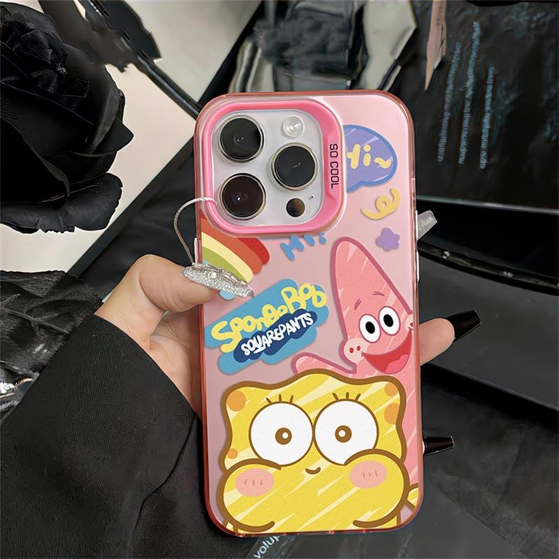 Apple 15pro painted SpongeBob SquarePants 14/13 premium sense 12 colored silver mobile phone case anti-drop hard matte L