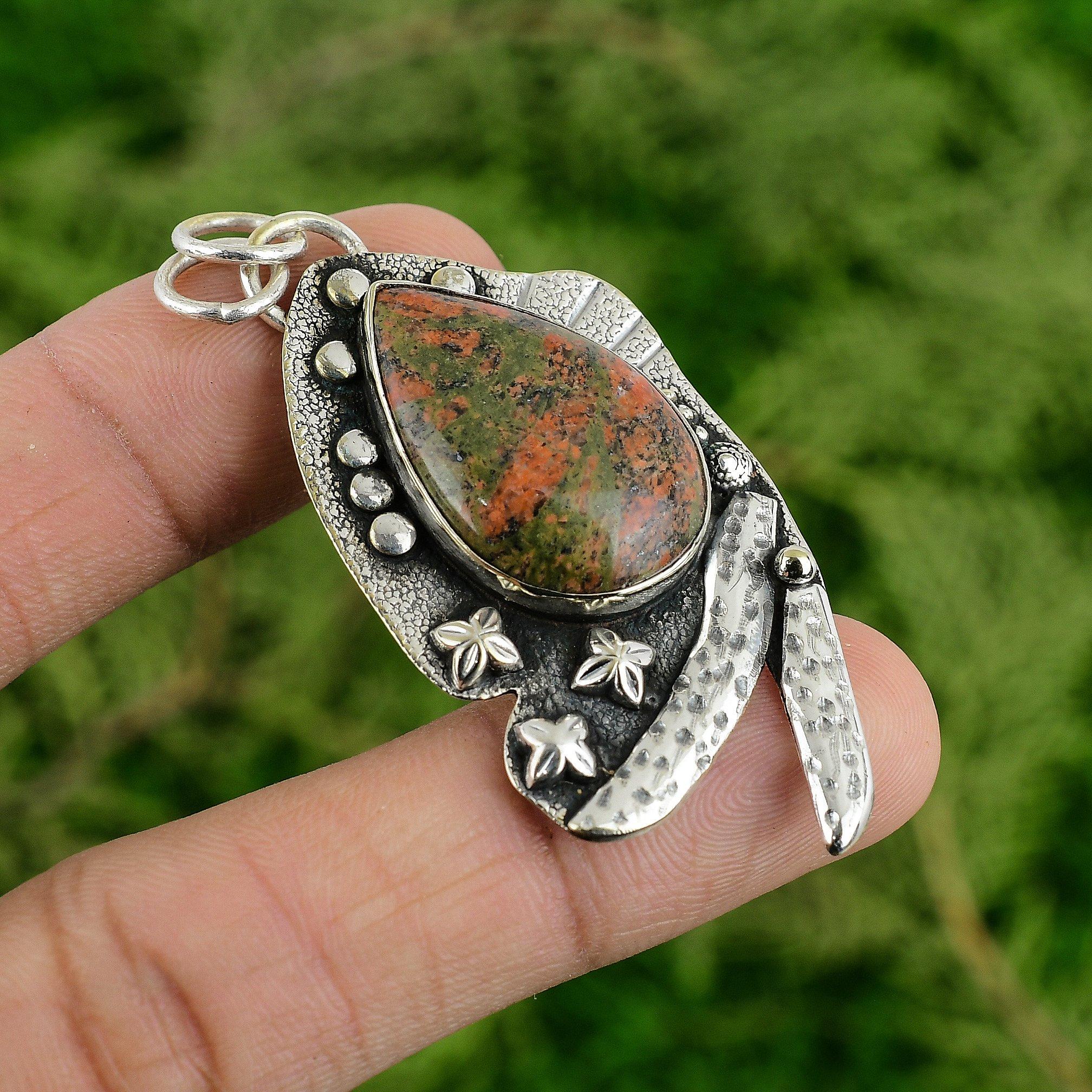 

Daughters Day Sale Pear Grass Garnet Stone Sterling Silver Artisan Bezel Pendant