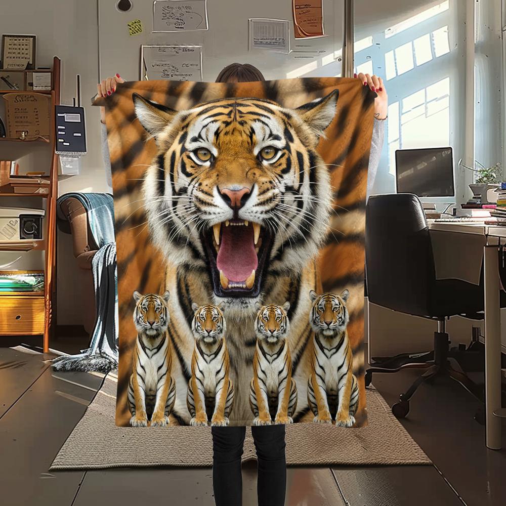 1Pc Tiger Lion Print Flannel Blanket, High Quality Comfortable for All Seasons, Home Decor, Warmth and Comfort, Perfect for Gifts