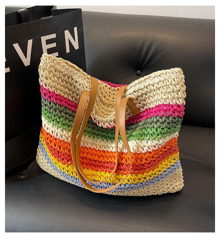 New Rainbow Contrasting Stripes Hand-woven Straw Bag Casual Versatile Seaside Vacation Shoulder Bag