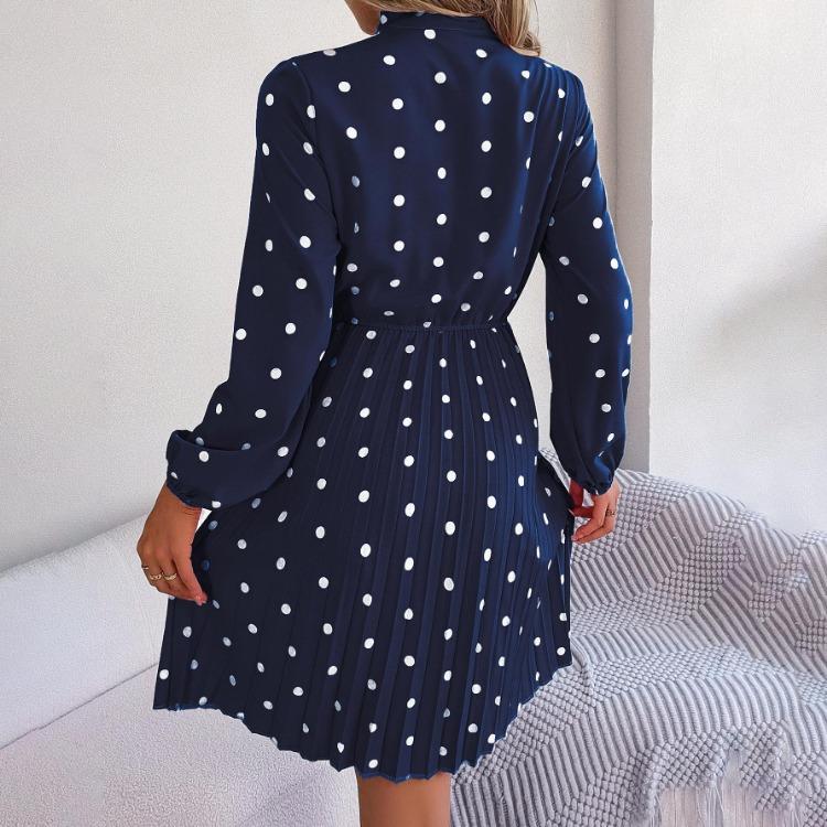 High Waist Women's Long Sleeve Dress Lace Up Pleated Dot Temperament Autumn Winter