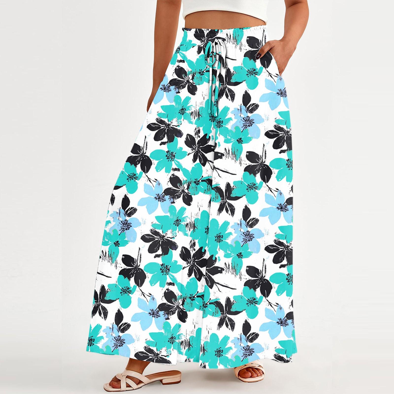 Women s Loose Casual Pants Bohemian Floral Print High Waistband Bag Flowing Pants S циан