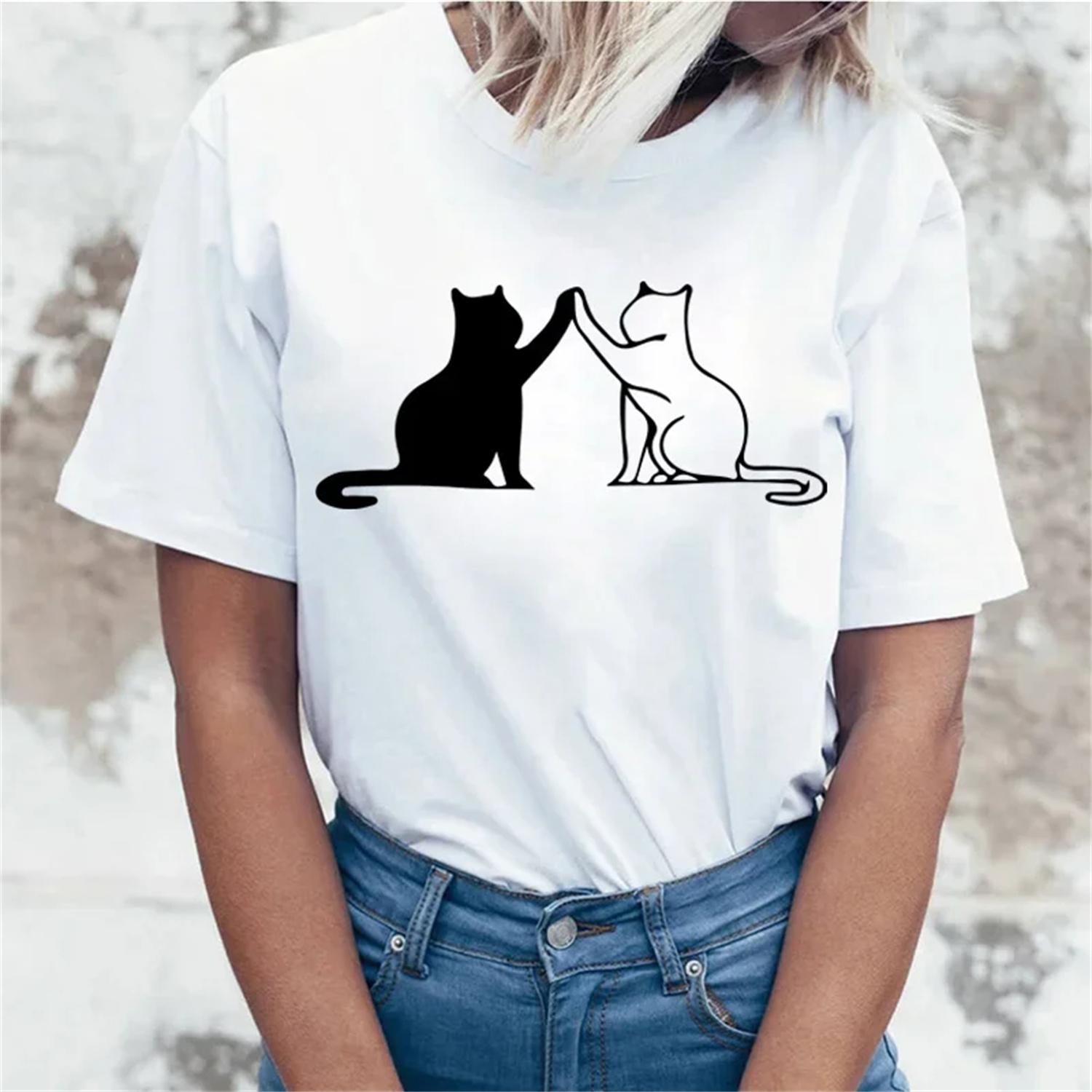 Cute Cat T-shirts For Women Summer Tee Shirt Femme Casual Short Sleeve Round Neck Tops T-shirts S