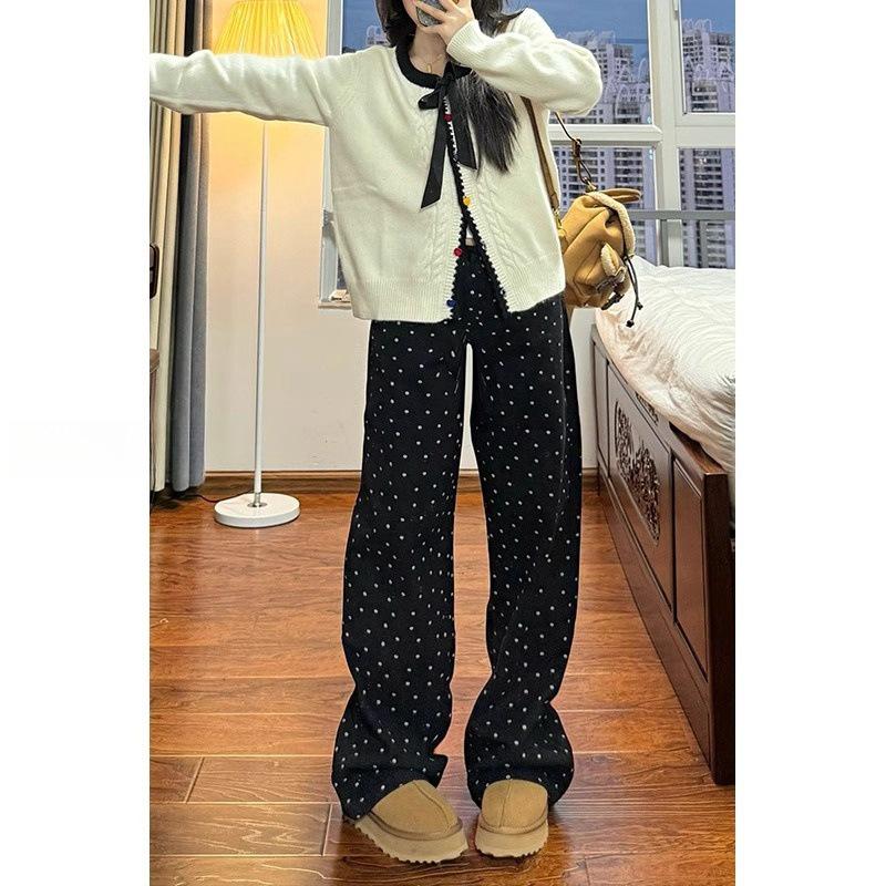 Plus Size Black Polka Dot High-Waist Wide Leg Jeans for Women, Spring/Autumn, Pear Shape Slimming