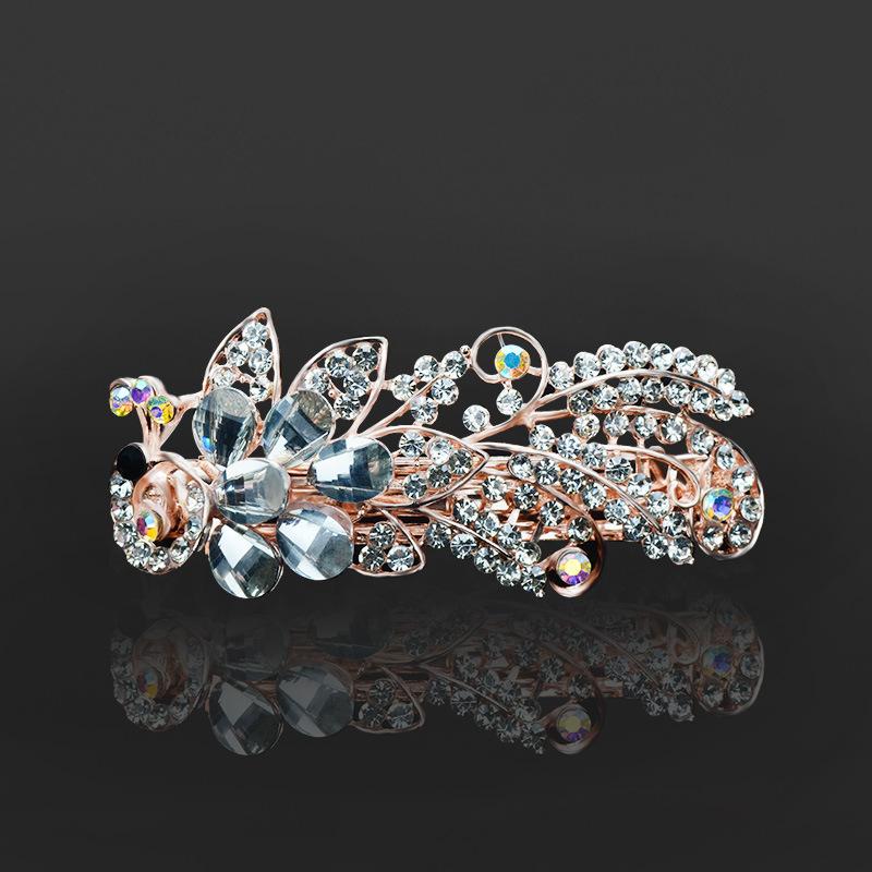 Clip de Primavera de Circonita Blanca Flor de Pedrería Brillante Clip Superior Clip Horizontal Elegante Adorno para el Cabello de Moda para Madres