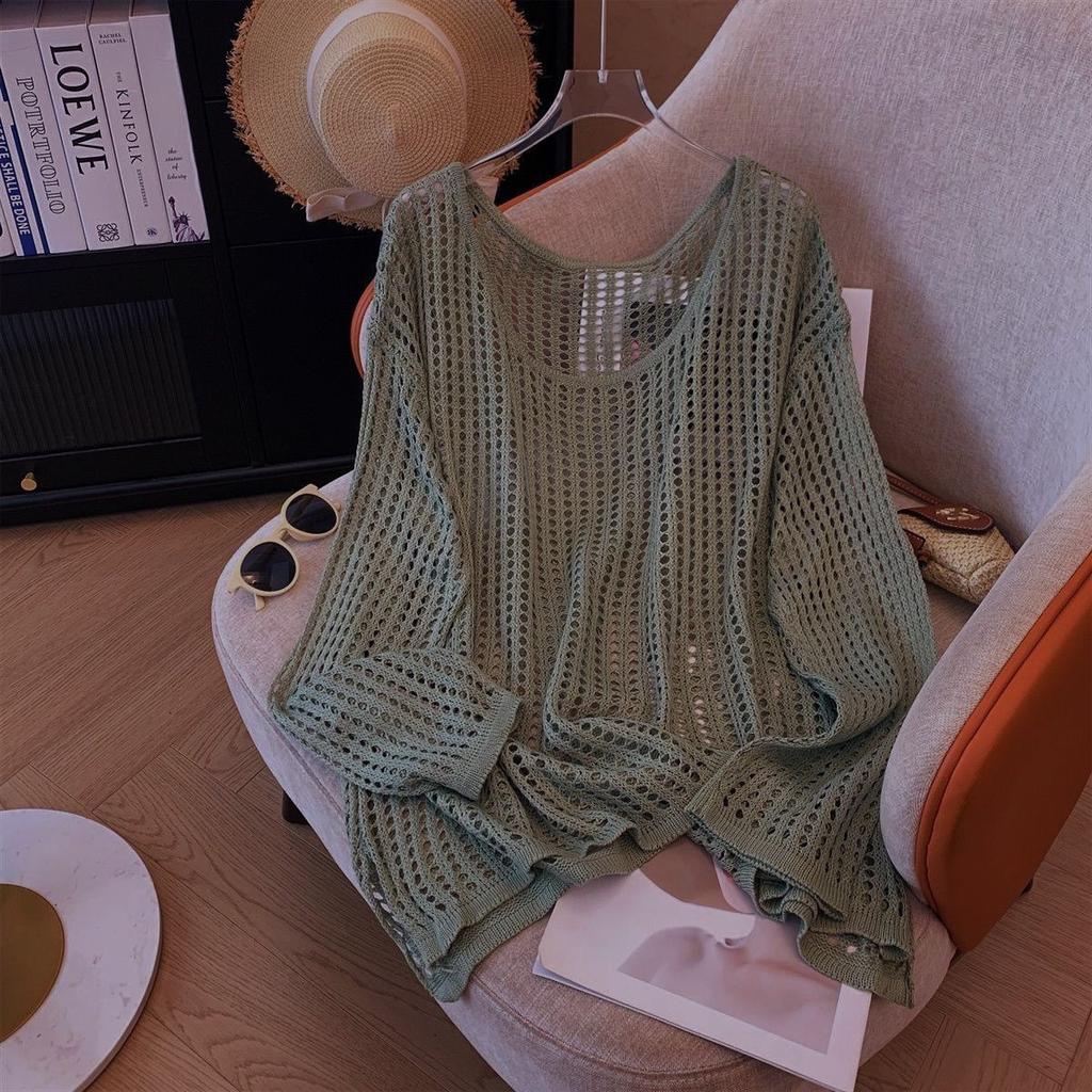 Maglione da donna a collo tondo con trafori e maniche lunghe, tinta unita, pullover primaverile, stile coreano, casual, ampio, effetto snellente