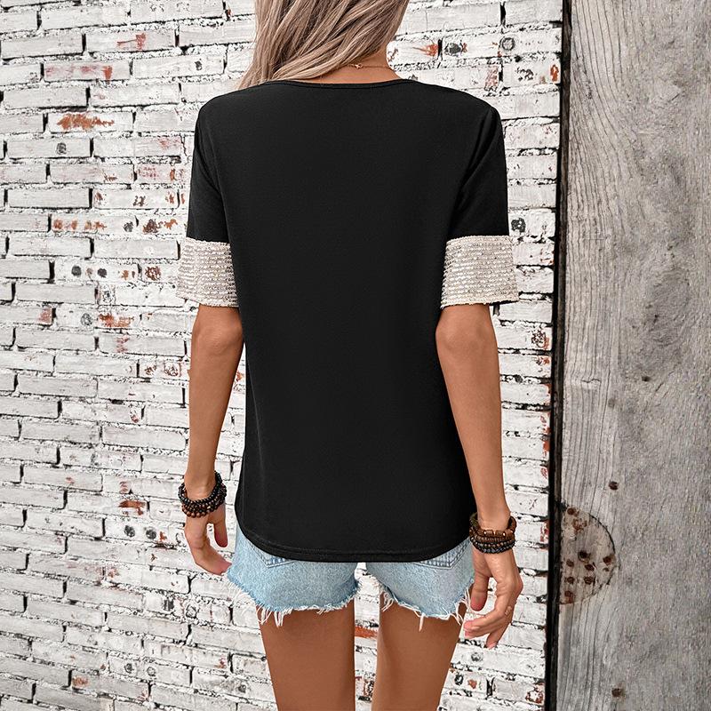 Women's Summer New Casual Black and White Contrast Sequin Short Sleeved Top