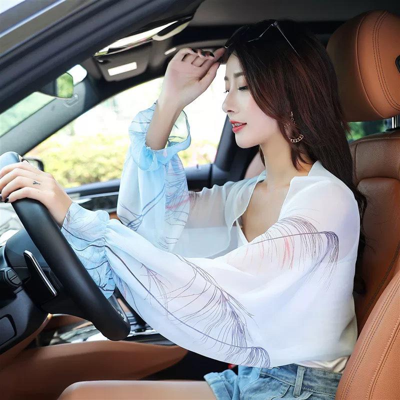 Cashew Print Chiffon Cycling Shawl with Sun Protection Sleeves - Fashionable Long Sleeve Scarf