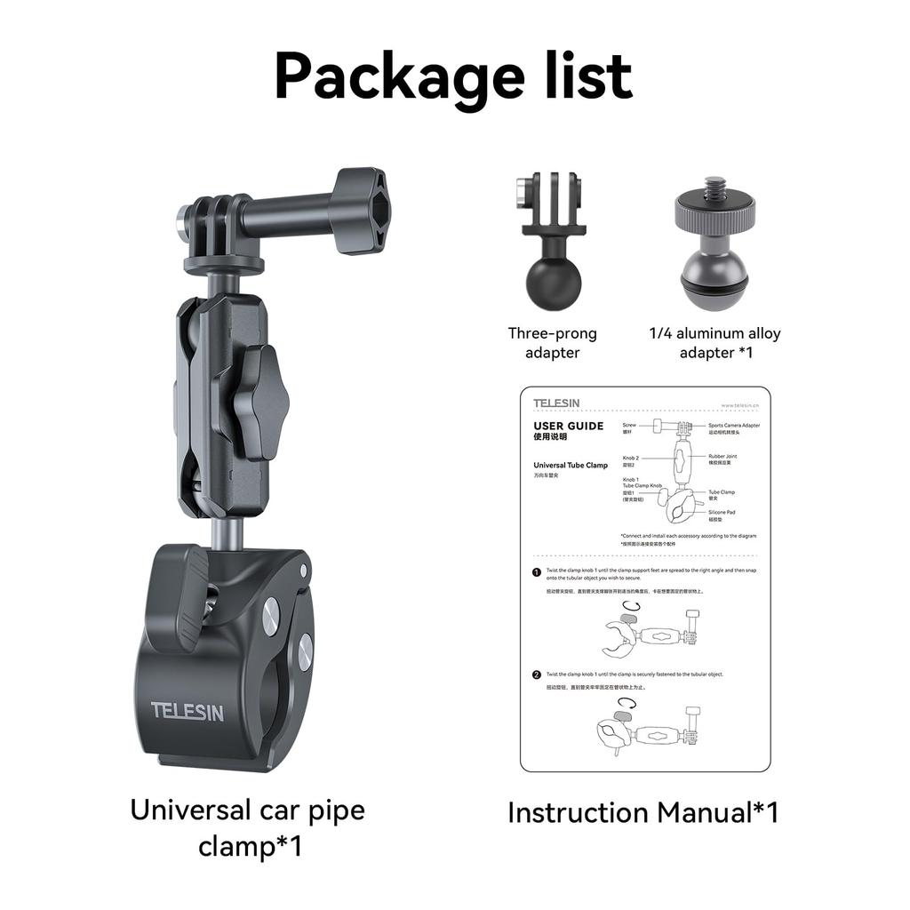 TELESIN Rotating Claw Clamp Mount for Cycling and Double Ball Head with Clip Mount for Action Camera Gripper Compatible with GoPro Hero Insta360 DJI