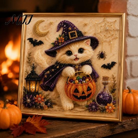 Interactive Crafts for Kids And Parents Halloween Witch Hat Cat DIY 3D Pearl Painting Kit with Frame, Hand-Pasted Art Craft Adults, Relaxing