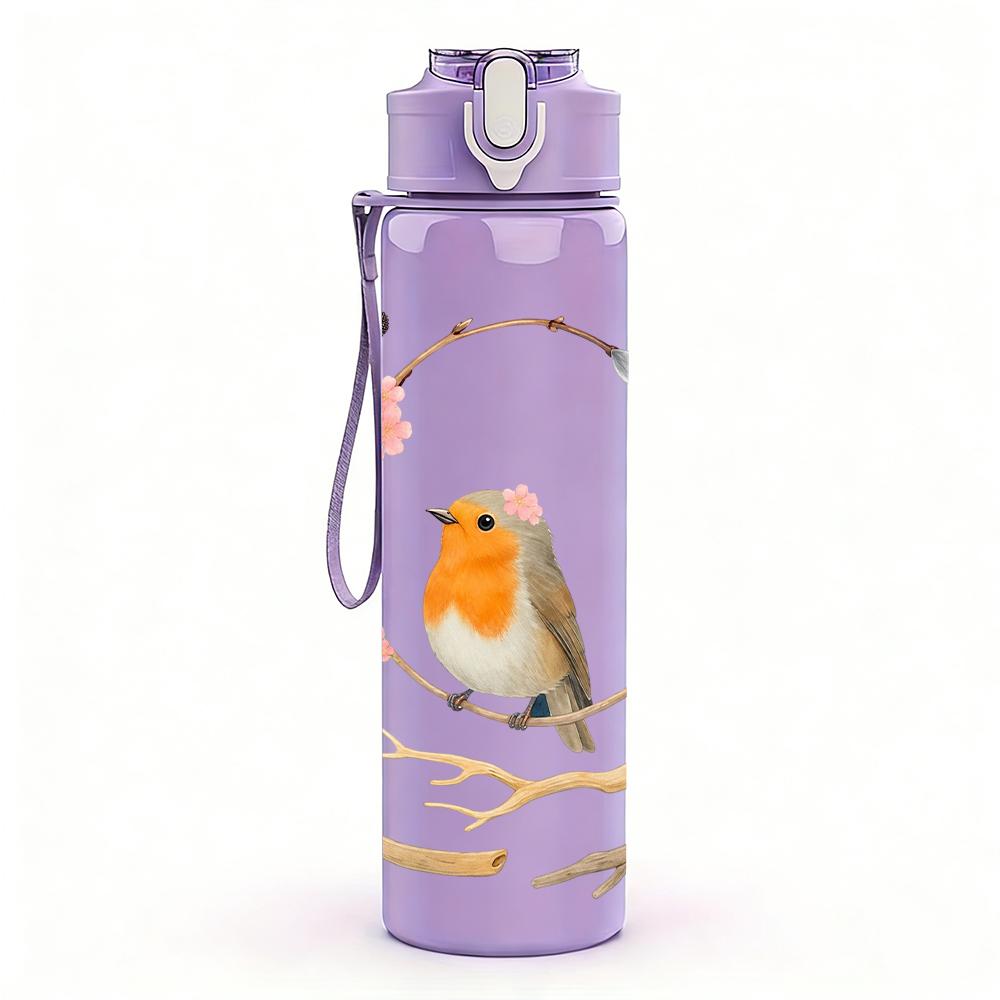1PZ Ghirlanda Uccello Pettirosso su Ramo 750ml Colore Plastica Borraccia Sportiva Anti-perdita Tappo a Flip con Cannuccia Adatto per Sport Ufficio Uso Domestico