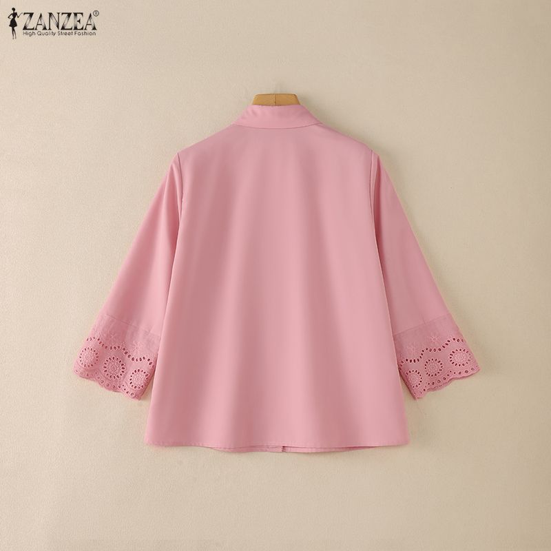 ZANZEA Women Casual Turn Down Collar Loose 3/4 Sleeve Splice Blouse