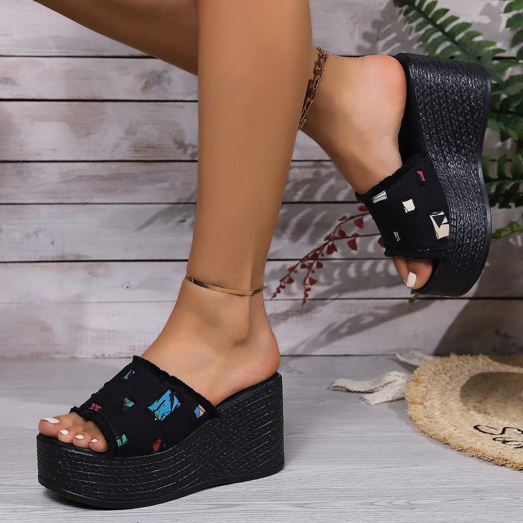 Platform slippers women's 2025 spring and summer new European and American large-size fashion denim wedge heel Roman sandals women's shoes