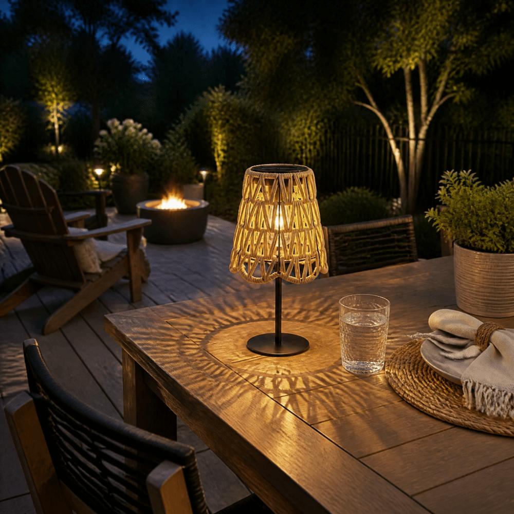 Metal Frame Solar Table Lamp Imitation Rattan Decorative Lantern Floor lamp with skirt Patio