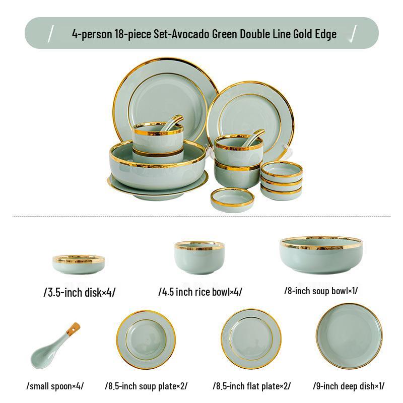 Keramik Geschirrset im nordischen Stil: Elegante Teller, Schalen & Essstäbchen mit Goldrand