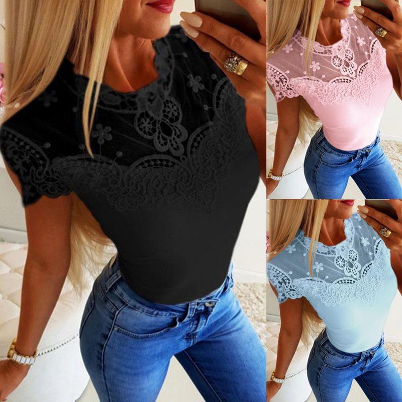 Summer Women Short Sleeve Lace Seethrough Top Fashion Frilled Hollow Top Out