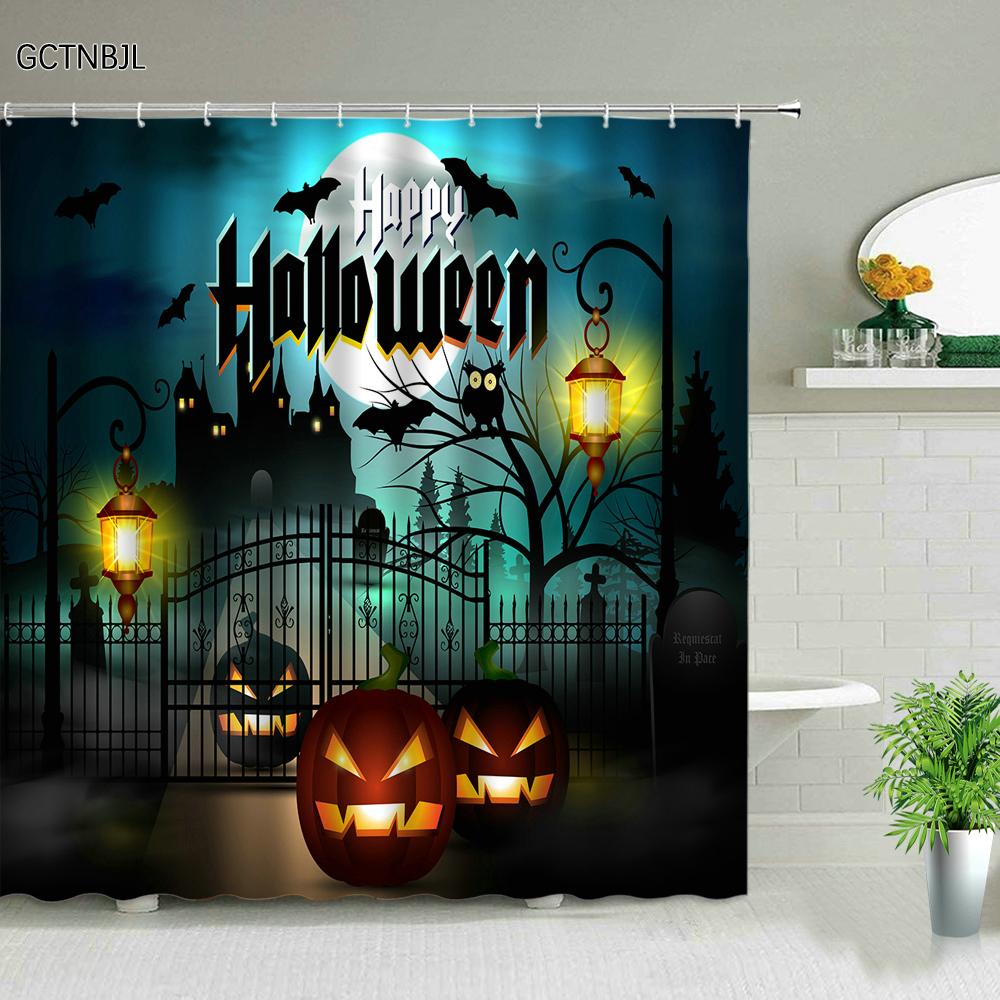 Halloween pumpkin Lantern Shower Curtain Bathroom The Terrible  Forest Wood Ghost House Tombstone Fabric Bathroom Curtain Set