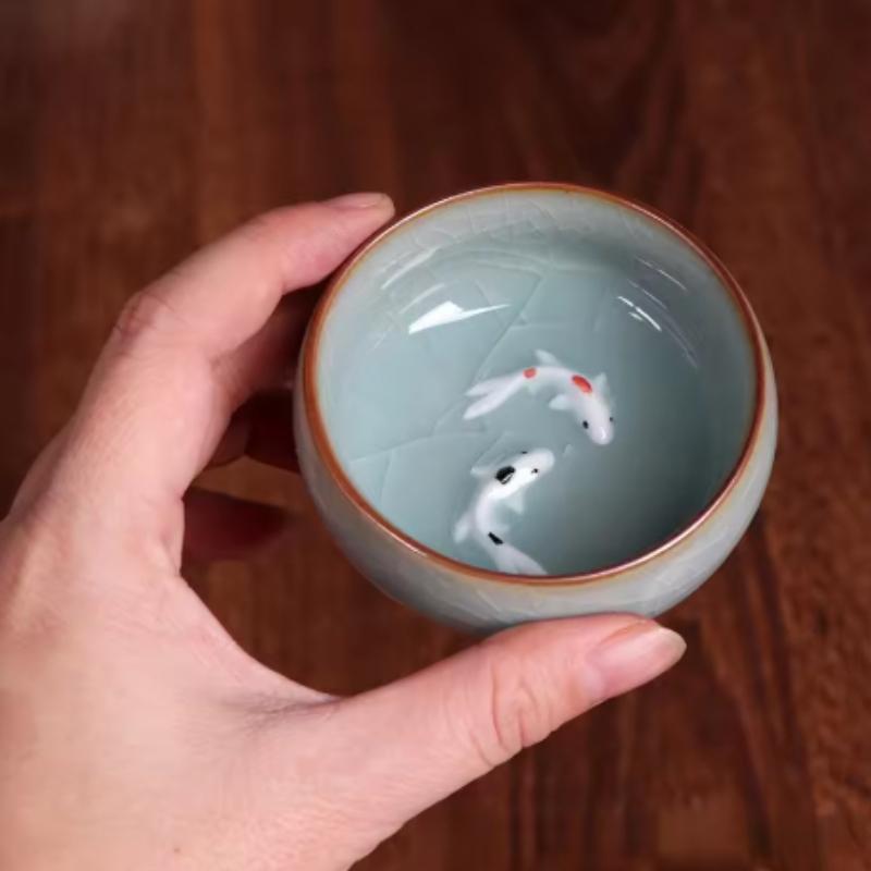 4PCS Crackle Golden Fish Celadon Porcelain Teacups Delicate Longquan Tea Cup Bowl Kungfu Serviceable Chinese Tea Cup Tea Making
