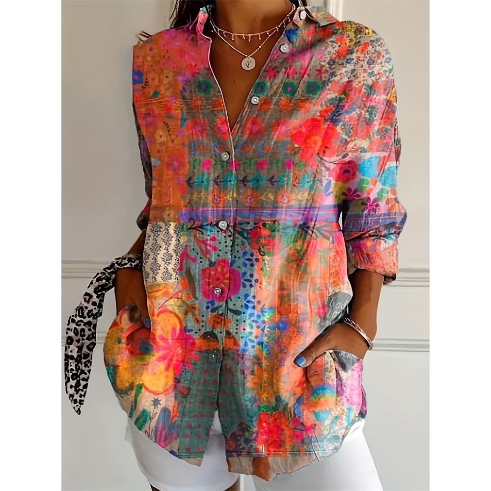 New Summer Fashion Women's Lapel Shirt Big Size Button Long Sleeve Daily Weekend V Neck Tops Floral Printed Loose Casual Shirt