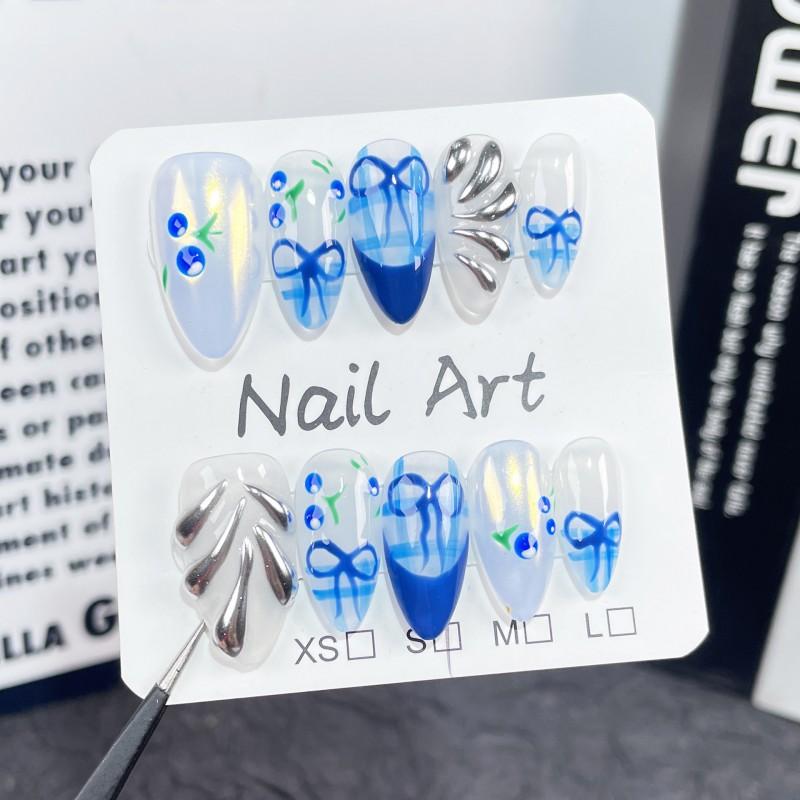 Blue Hand-Painted Cherry Press-On Nails Ice-Transparent Acrylic False Wear Extra Small