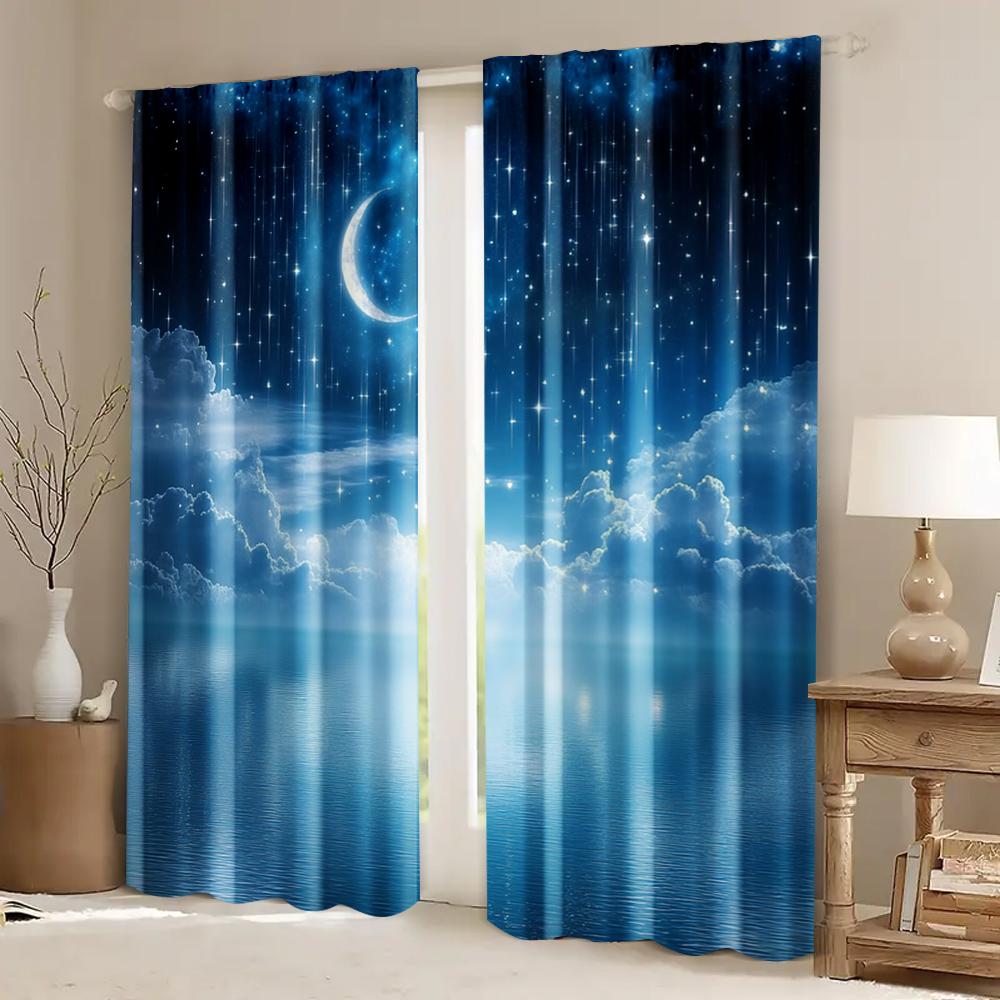 2pcs, Window Curtains Starry Night Sky Moon and Foggy Clouds Landscape Protecting Privacy Family Party Decoration Use for