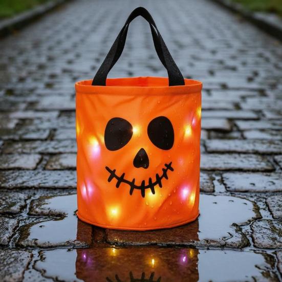 Reusable Holiday Party Favor Bags Halloween Glowing Pumpkin Candy Bag LED Light up Trick or Treat Bucket Lighted Buckets for Kids Waterproof