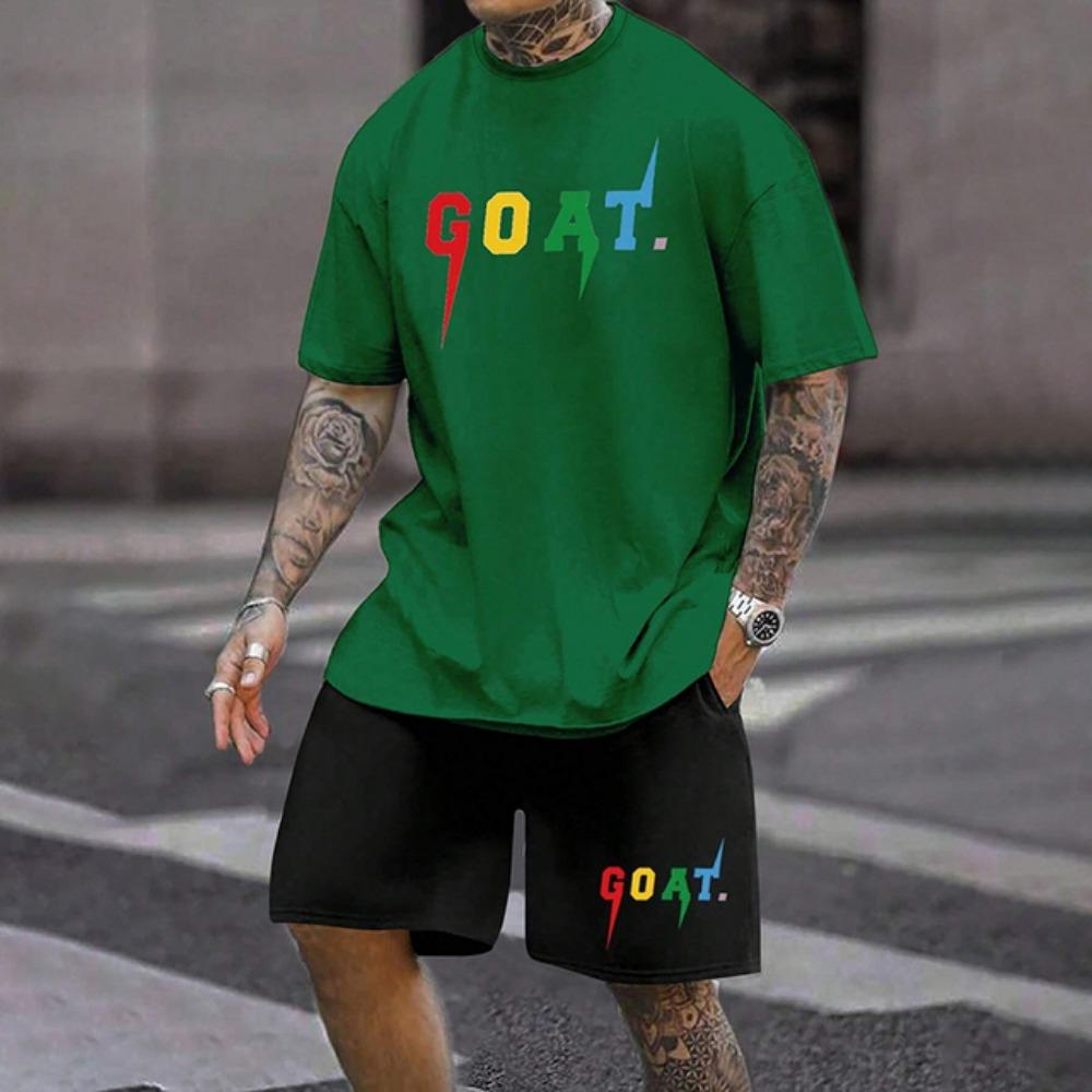 

Summer Men s Casual Short Sleeve Shorts Set Simple Letter Print Breathable Street Shoot 2-Piece Fashion O Collar Men s Suit 6XL