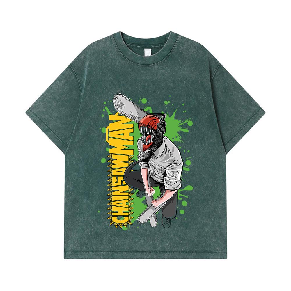275 GSM Washed T-shirts 100% Cotton Chainsaw Man V22 Denji Print Unisex Heavy Cotton T Shirt