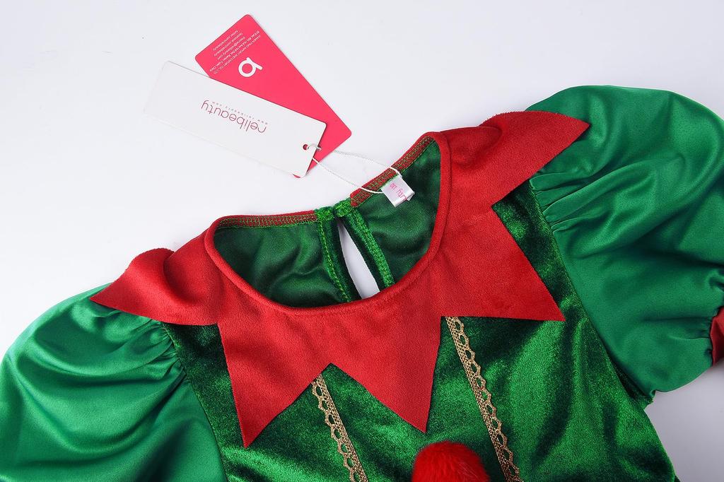 ReliBeauty Santa Dress for Christmas Elf Hat and Socks Size 120 Girls, Costume, Cosplay, Set, Red/Green,