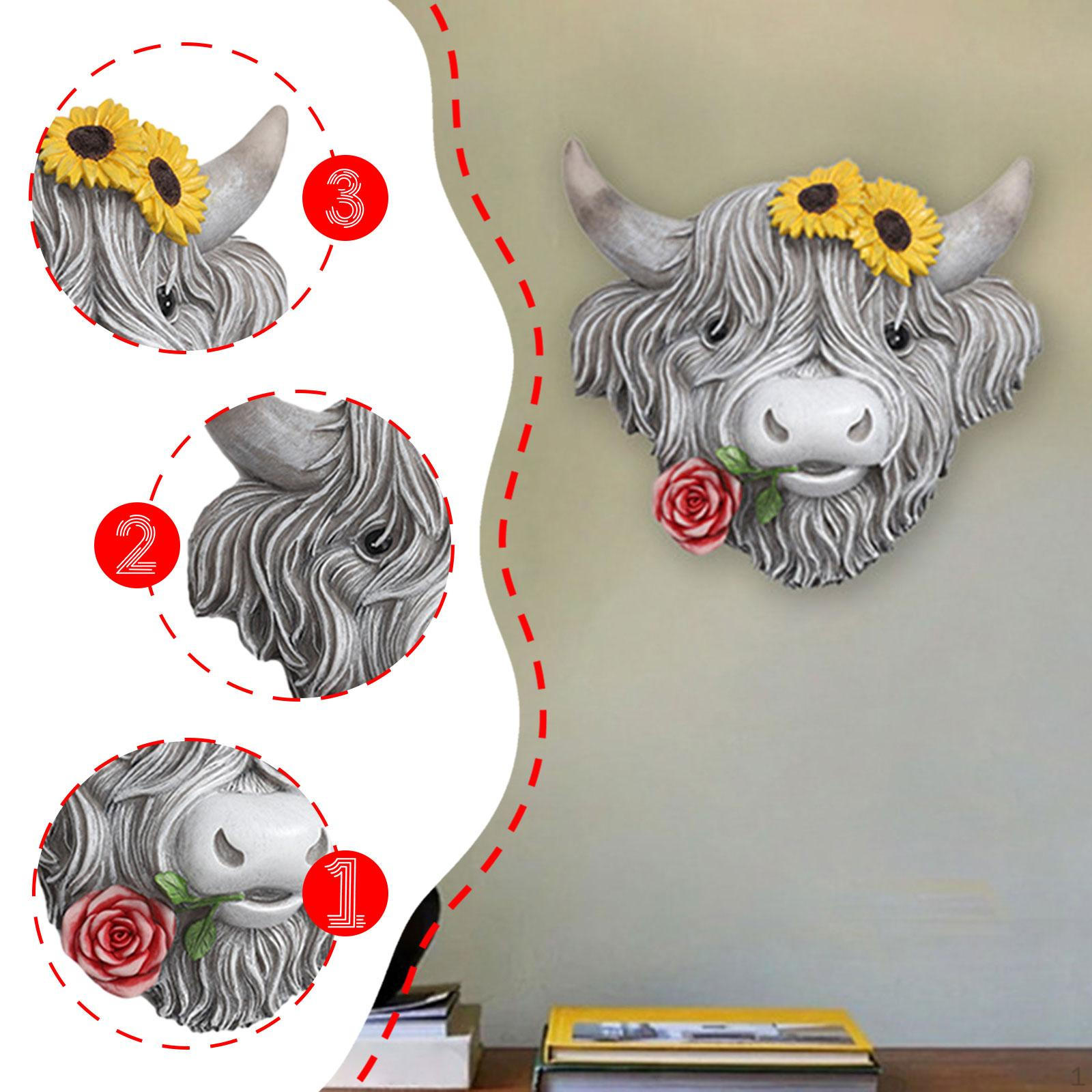 

Cow Decor Head Figurine Ornament Wall Art for Office Garden серый