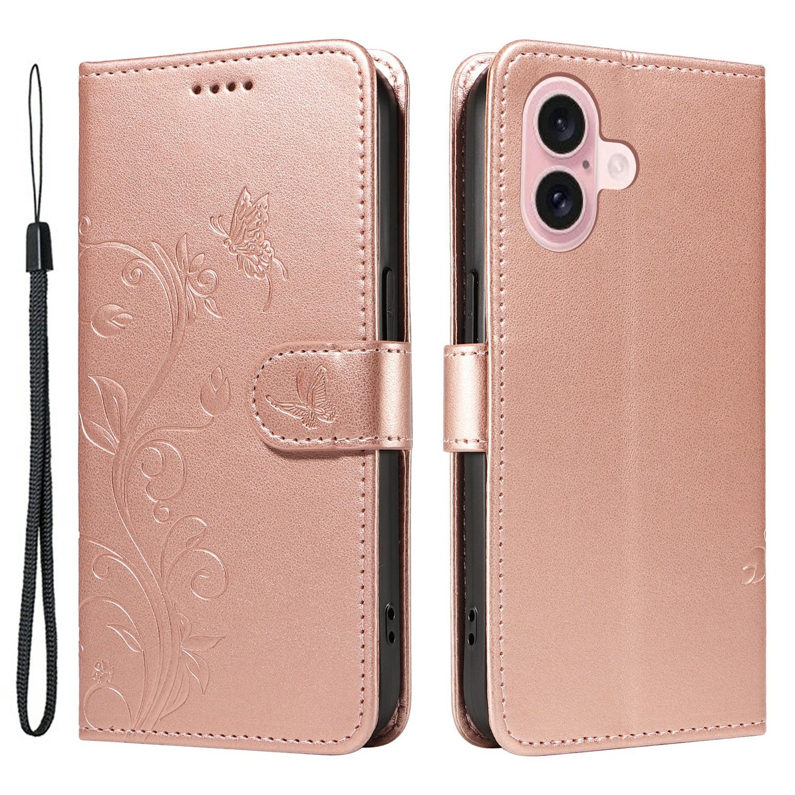 

For iPhone 16 Wallet Case Butterfly Flower Imprint PU Leather Flip Phone Cover