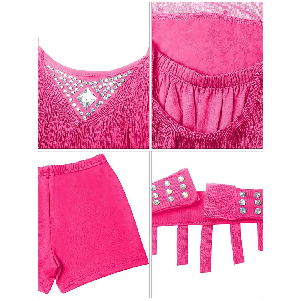 Vestido de Danza Latina para Niñas Niños Diamantes Brillantes Halter Sin Mangas Borlas Vestido de Baile Samba Rumba Jazz Cha Cha Disfraz de Baile