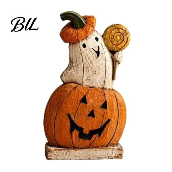 Gift for Halloween Enthusiasts Pumpkin Ghost Wooden Figurine, Vintage Tabletop Decor, Jack O Lantern Window Sill Ornaments Statue with Stable