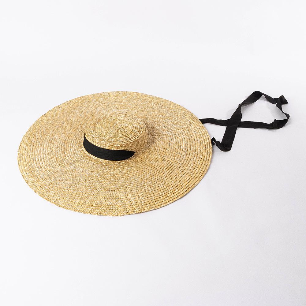 Summer new retro fashion big eaves straw tether flat top straw hat, beach travel sun protection flat top straw hat
