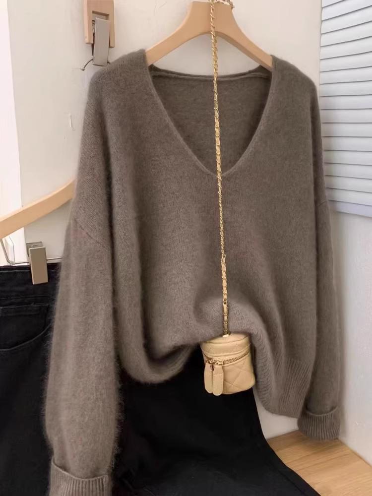 Luxurious V-neck Korean Style Loose Wool Sweater - 100% Pure Soft Knit for Autumn/Winter