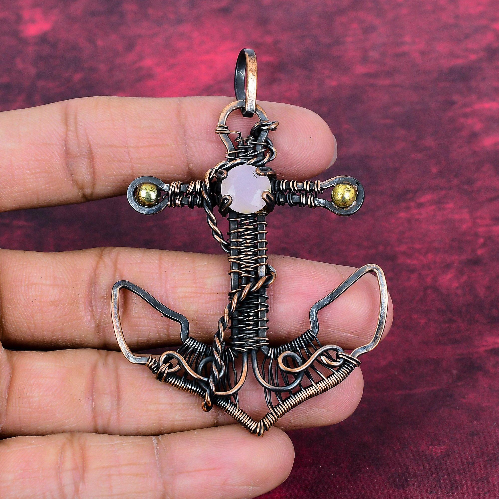 Faceted Pink Chalcedony Pendant Natural Gemstone Pendant Copper Wire Wrapped Anchor Pendant