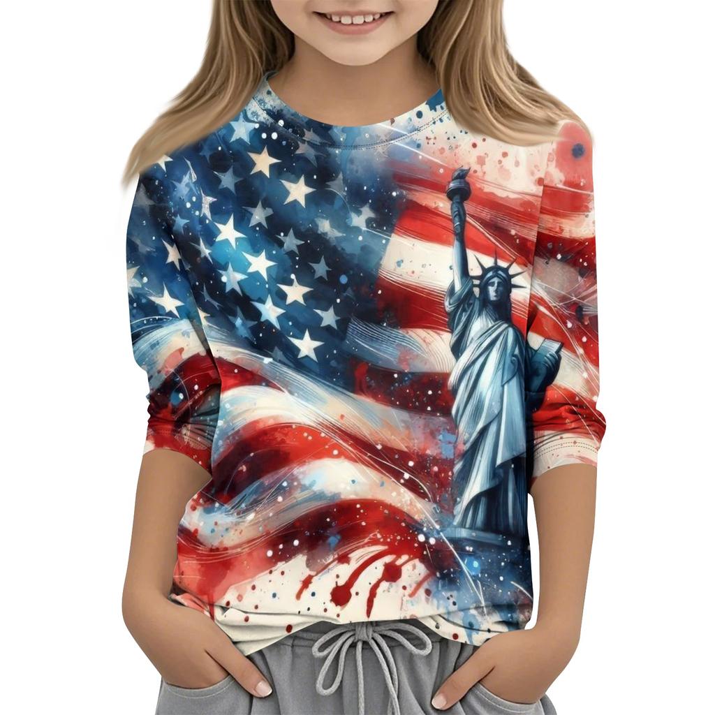 Children's Independence Day Printed Round Neck Seven Quarter Sleeve Casual T-shirt