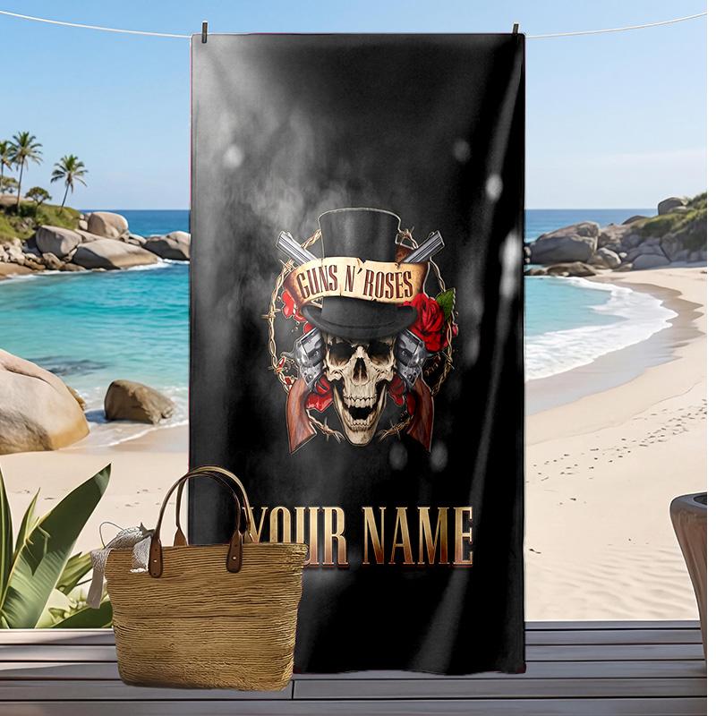 Asciugamano da Spiaggia Personalizzato Guns N’ Roses, Stampa il Tuo Nome Testo Asciugamano Leggero Assorbente per Nuoto Viaggio