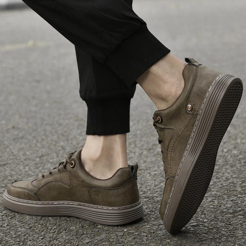 Fashion Lace-Up Skate Footwear Men High Quality Men's Walking Flats All-match Men Casual Shoes Genuine Leather Mens Comfortable Sneakers