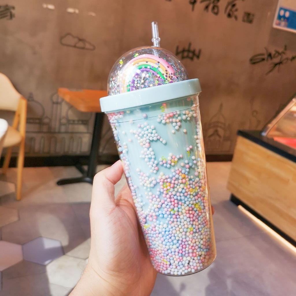 Cartoon Adorable Rainbow Cup with Straw Double Plastic BPA Free Woman Girl Water Bottle for Juice Milk Coffee 500ml Drinking Tumbler