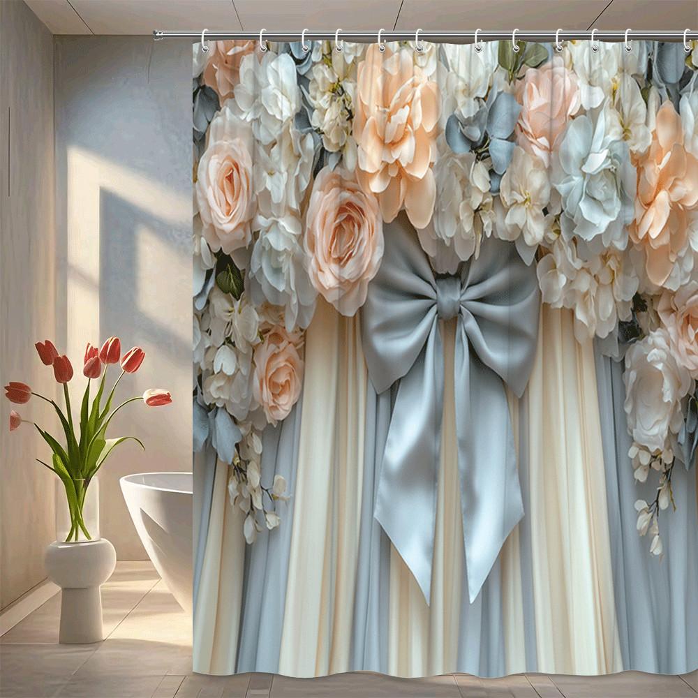 

Romantic Floral Bouquet Shower Curtain Peach White Roses And Satin Bow Elegant Wedding Style Decor Waterproof Non-Toxic Material W60H190(CM)-1 Pcs